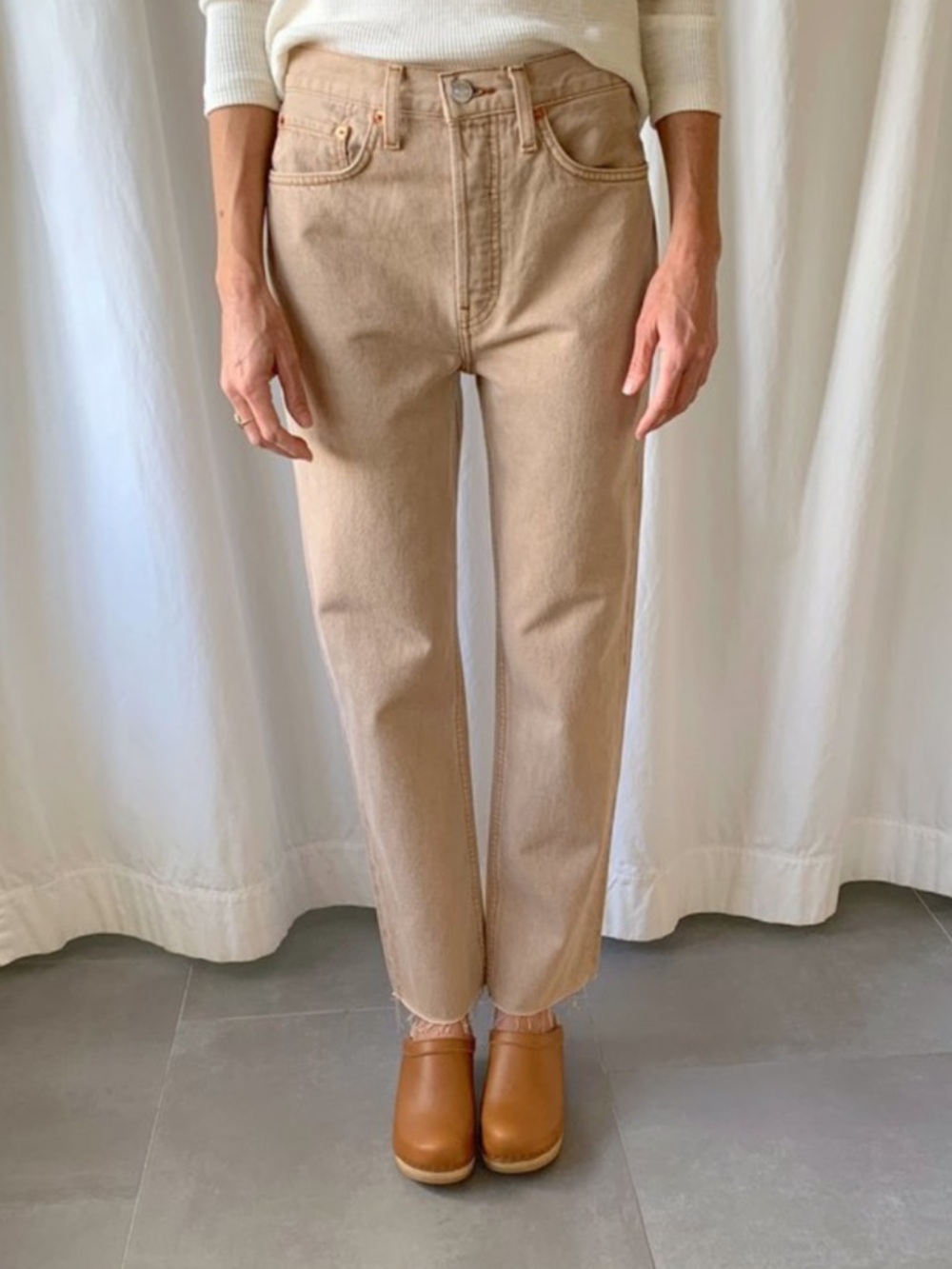 RE/DONE Washed Khaki 70's Ultra High Rise Stove Pipe Straight Leg Raw Hem 29
